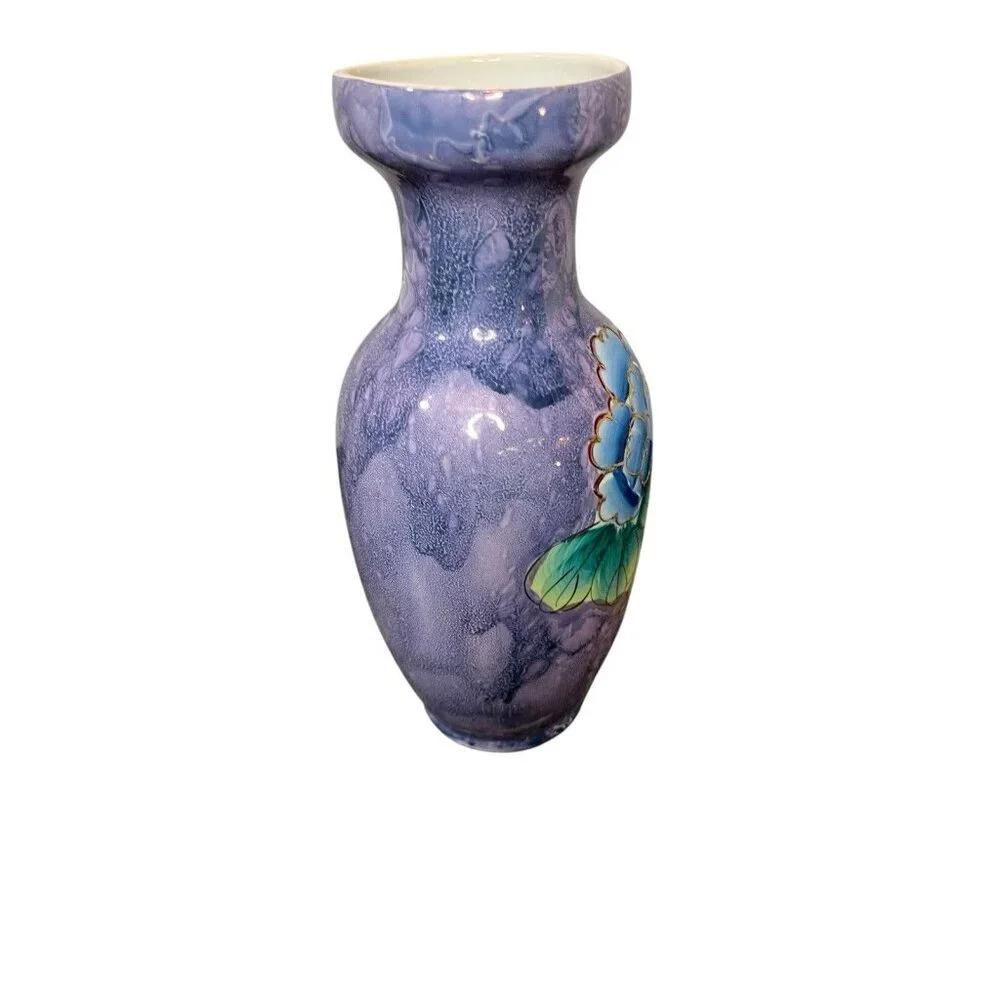 Purple Blue Cloisonne Vase with Pink/Red/Blue Flowers Bird 10